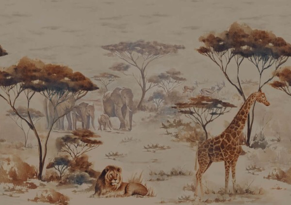 Wandbild afrikanische Tiere Löwe Giraffe Elefanten 4,24 x 3,00 m beige 363685
