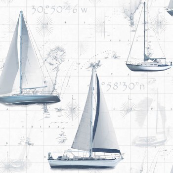Ice blue wallpaper sailboat pattern Global Fusion Essener G56420