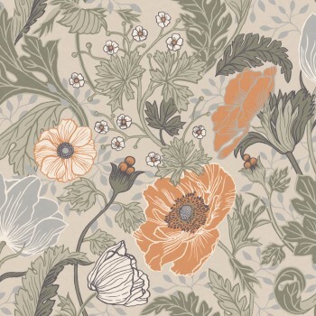 Large meadow flowers green and apricot wallpaper Grönhaga Rasch Textil 133001