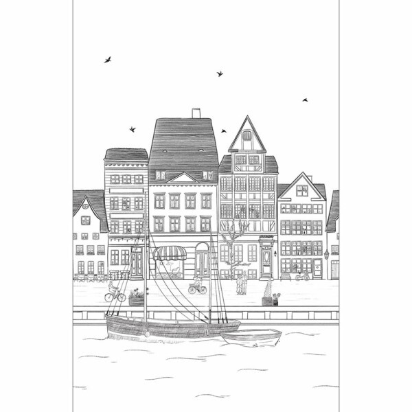Drawn buildings black and white mural Caselio - Moonlight 2 Texdecor MLGT104210901