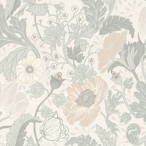 Große Wildblumen Tapete blassgrün und beige Grönhaga Rasch Textil 033000