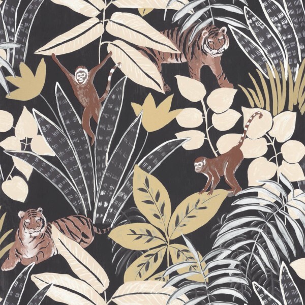 Black non-woven wallpaper monkeys and tigers in the jungle Caselio - Escapade Texdecor EPA102319248