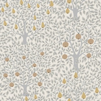 white and light gray wallpaper golden pear tree Grönhaga Rasch Textil 133012