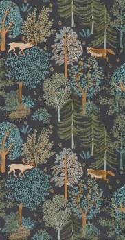Animals in the forest Colorful and black wallpaper Caselio - La Foret Texdecor FRT102937940