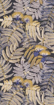 Blue and mustard yellow non-woven wallpaper Fern leaves Casadeco - Botanica Texdecor BOTA85892175