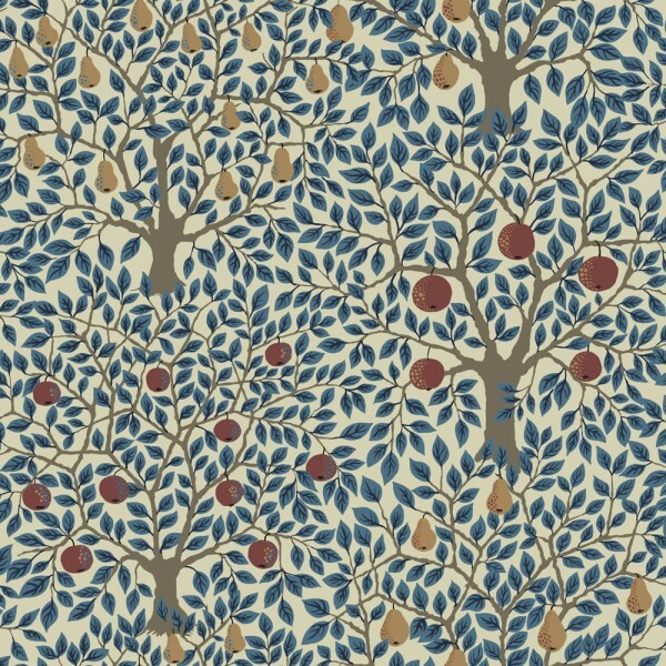 Blassgrün und blaue Vliestapete roter Apfelbaum Grönhaga Rasch Textil 133013