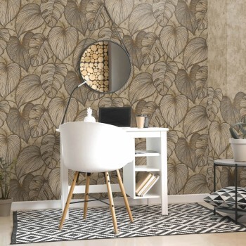 leaf pattern with gold shimmer effects non-woven wallpaper nut brown Julie Feels Home Hohenberger 26937-HTM