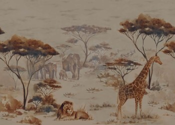 Wandbild afrikanische Bäume Löwe Giraffe Elefanten 3,71 x 2,65 m beige 363692