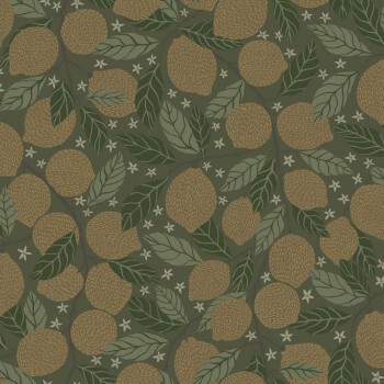 olive green wallpaper citrus fruits Grönhaga Rasch Textil 144119