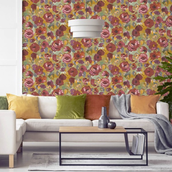 Colorful large flowers non-woven wallpaper ocher Julie Feels Home Hohenberger 26902-HTM