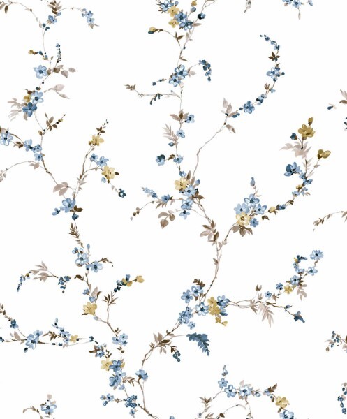 Tapete Ranken blaue Blüten Blätter Landhaus weiß 084016