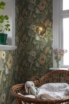 Large wild flowers forest green non-woven wallpaper Grönhaga Rasch Textil 044104