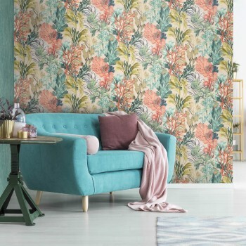 Plants and leaves beige and colorful non-woven wallpaper Tropical Hohenberger 26734
