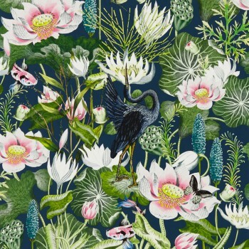 non-woven wallpaper water lilies, herons and fish blue W0137-04