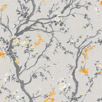 non-woven wallpaper branches and leaves gray 291260