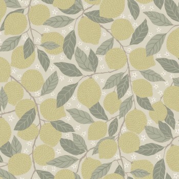 lemon branches pale yellow non-woven wallpaper Grönhaga Rasch Textil 044116