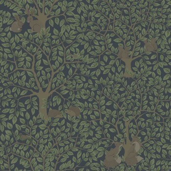 animals in the forest wallpaper dark blue and green Grönhaga Rasch Textil 044115