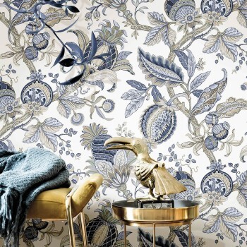 Leaves and tendrils non-woven wallpaper blue and cream Blooming Garden Rasch Textil 084040