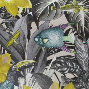 Leaves and fish non-woven wallpaper green and gray Tropical Hohenberger 26745