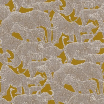 non-woven wallpaper monkeys, zebras, giraffes ocher and gray 291581