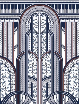 Old building design mural blue white and red Casadeco - 1930 Texdecor MNCT85876543