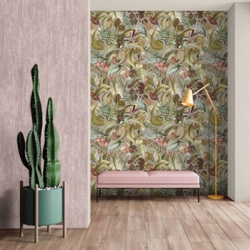 Gray and green non-woven wallpaper jungle leaves Tropical Hohenberger 26738