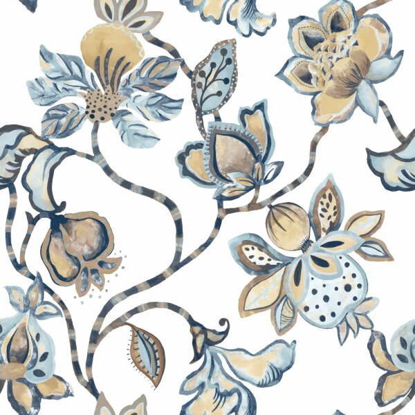 Tropische Blumen Vinyltapete cream und blau Materika Rasch Textil 327023