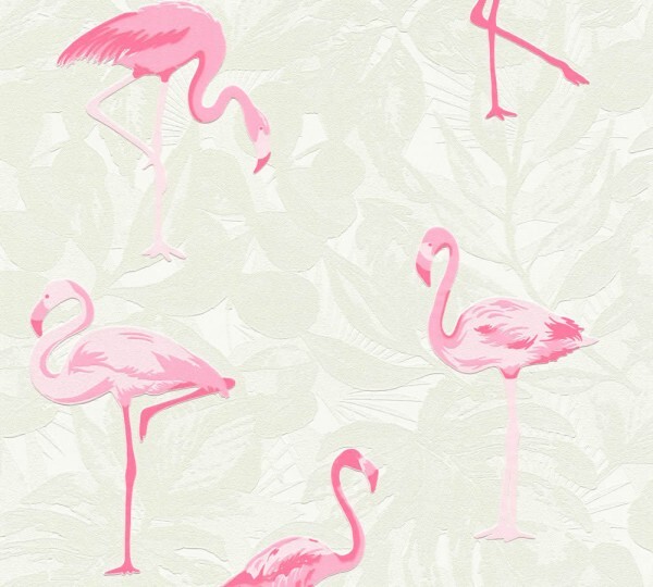Tapete Weiß Pinke Flamingos