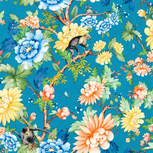 non-woven wallpaper lush roses and foliage blue W0133-03