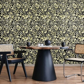 Mustard yellow non-woven wallpaper leaves and twigs with glossy effects Pepper Hohenberger 81341-HTM