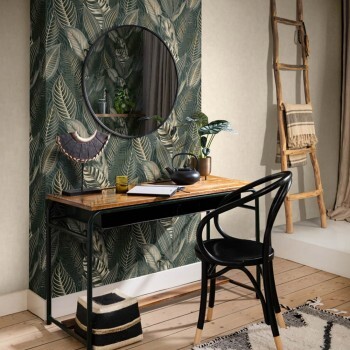 non-woven wallpaper leaf pattern black and green 751826 _L