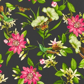 non-woven wallpaper lotus blossoms and hummingbirds black W0132-03