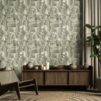 Circles and curved lines non-woven wallpaper sage green Salt Hohenberger 65321-HTM
