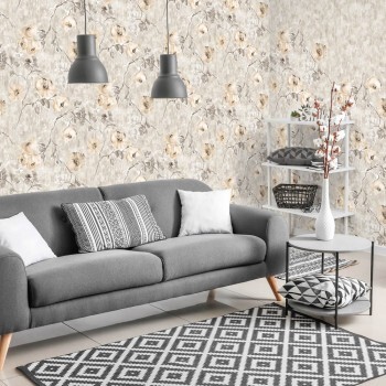 Colorful petunia blossoms and tendrils of leaves beige wallpaper Julie Feels Home Hohenberger 26916-HTM