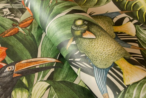 Fish and leaves green and orange non-woven wallpaper Tropical Hohenberger 26747