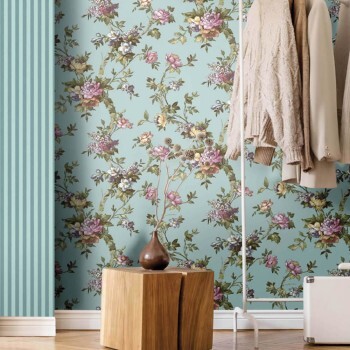 Large and small flowers light blue non-woven wallpaper Blooming Garden Rasch Textil 084002