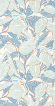White Blue and Pink Wild Jungle Leaves Wallpaper MediterraneeMEDI87416048