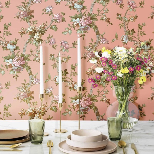 Pink non-woven wallpaper flowers and tendrils Blooming Garden Rasch Textil 084001