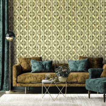 rattan pattern mustard green non-woven wallpaper Pepper Hohenberger 65335-HTM