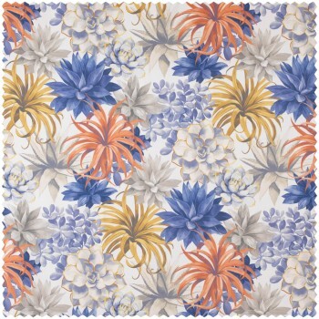 Floral pattern white blue and orange furnishing fabric Casadeco - Botanica Texdecor BOTA86116684