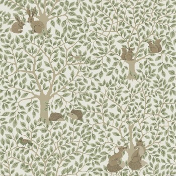 cream and pale green non-woven wallpaper trees and forest animals Grönhaga Rasch Textil 044111
