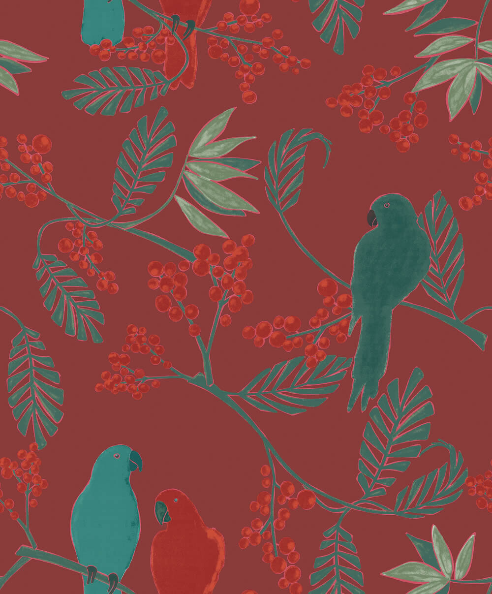 parrot pattern non-woven wallpaper red Jungle Fever Grandeco JF3402 |  