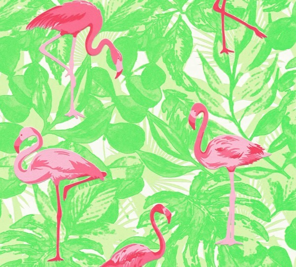 Tapete Grün Pinke Flamingos