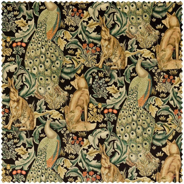 Furnishing fabric rabbits, peacocks and foxes black DCMF226705