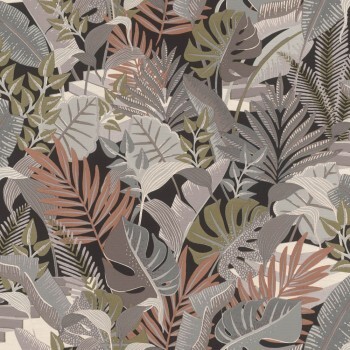 gray vinyl wallpaper jungle leaf pattern Tropical House Rasch 687842