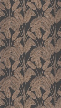 banana leaves shiny copper details black non-woven wallpaper Caselio - Moonlight 2 MLGT104329451