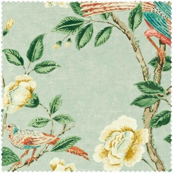 Bird of paradise and rose petals green furnishing fabric Sanderson Caspian DCEF226631