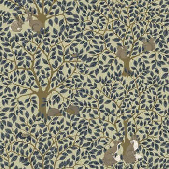 Forest animals in the deciduous tree Pale green and blue wallpaper Grönhaga Rasch Textil 044113