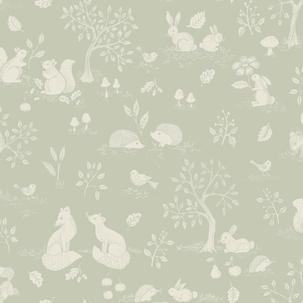 hedgehogs and birds non-woven wallpaper pale green Grönhaga Rasch Textil 044130