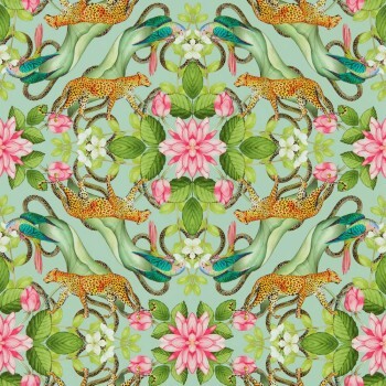 wallpaper leopards and parrots green W0131-01